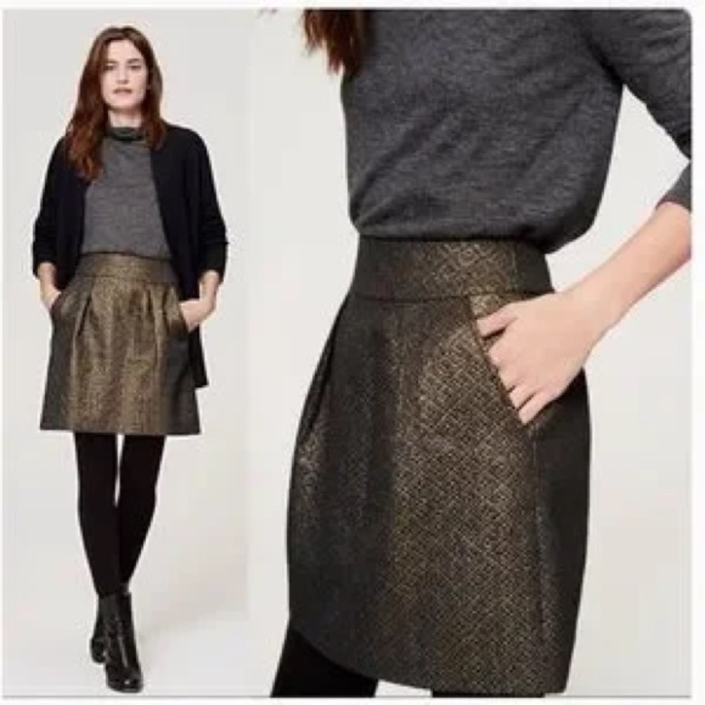 LOFT Metallic Jacquard Shift Pleated Mini Skirt Black Gold Size 12 Holiday Party